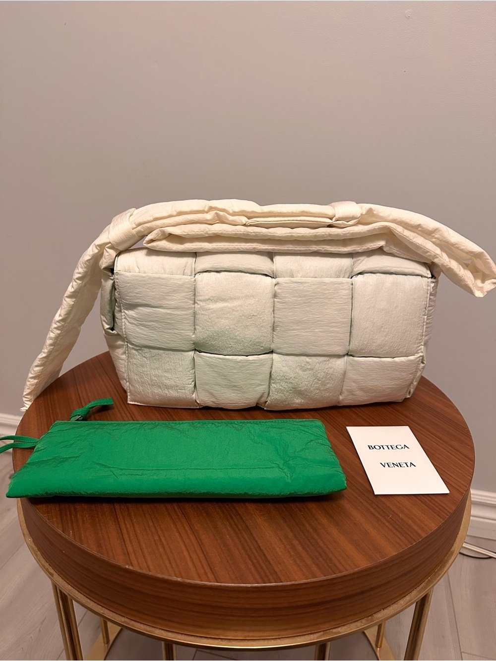 Bottega Veneta Cream Padded Cassette Shoulder Bag with Green Pouch